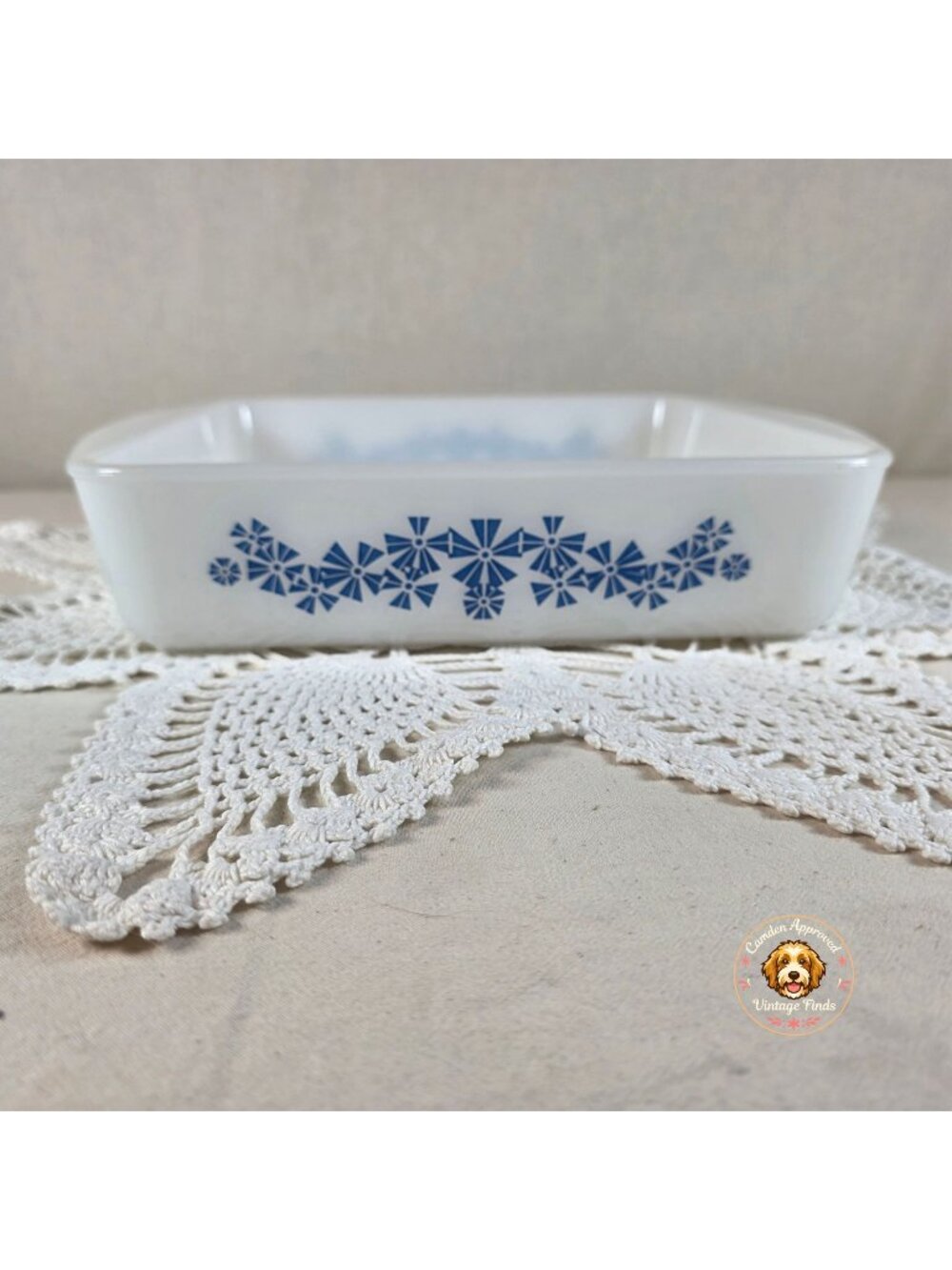 Glasbake White Milk Glass Casserole Dish Blue Pinwheel Flower Pattern 9x9 Square